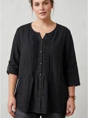 Ulla Popken Black Linen Pintuck Blouse Size 28 Button Down Top